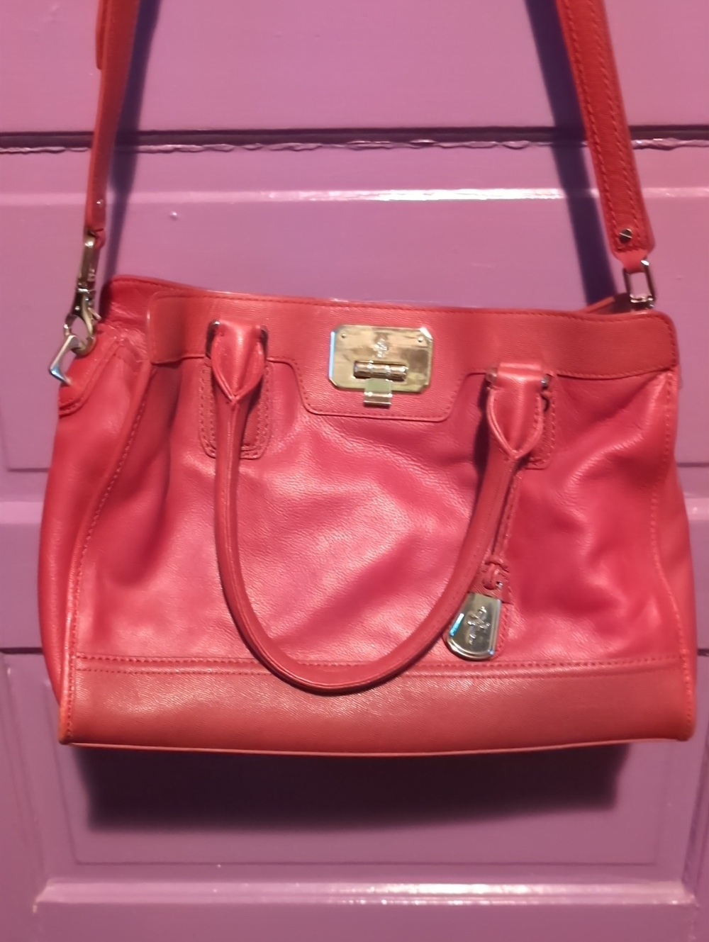 Cole Haan Coral Red Leather Crossbody Bag with Gold Hardware